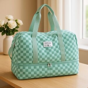 ZUOMANNI Mint Green Checkered Travel Duffel Bag w/ Shoe Compartment Carry-On